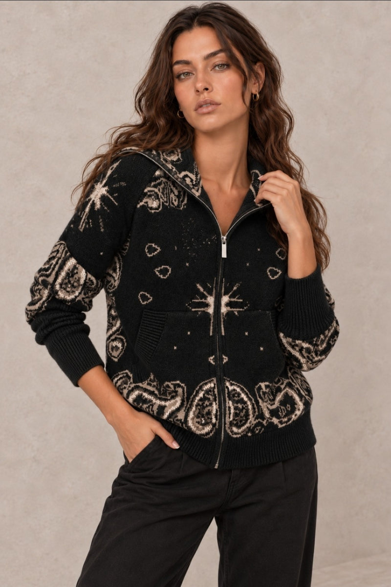 Sweat Zippé Femme Imprimé Bandana – Noir