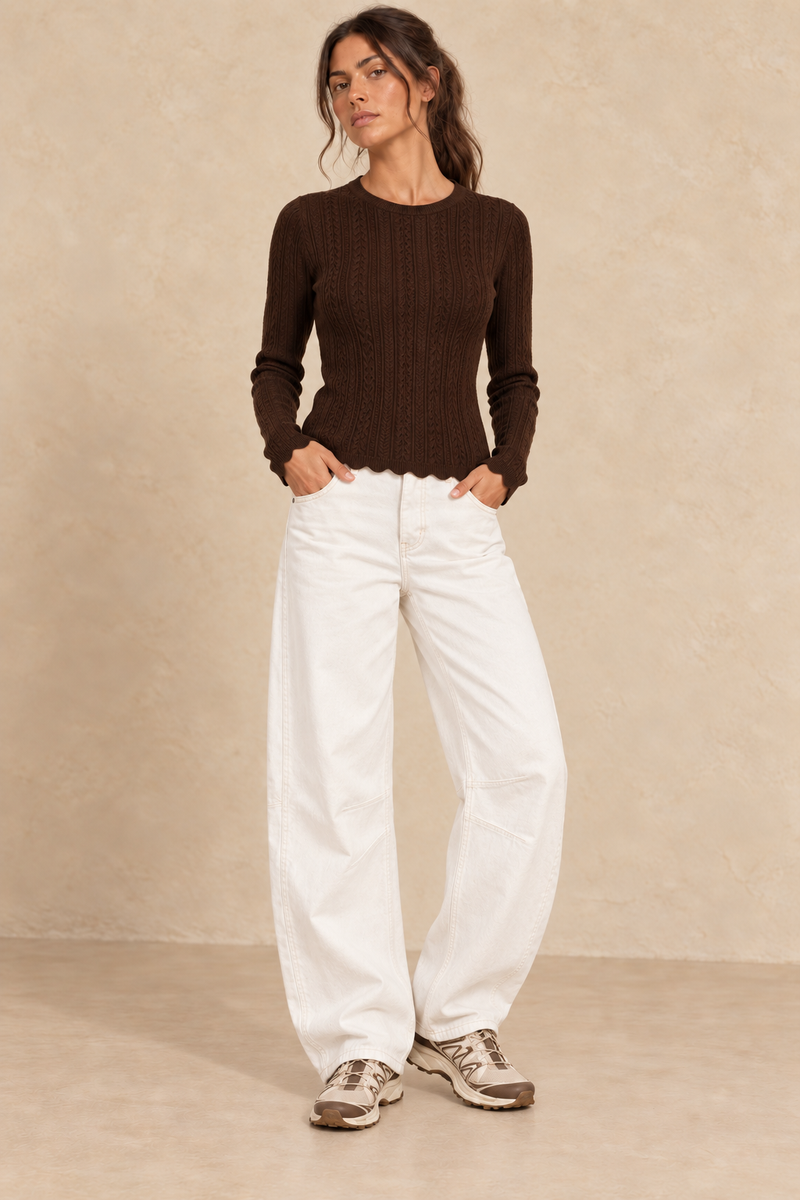 Pull ajusté en maille ajourée — chocolat