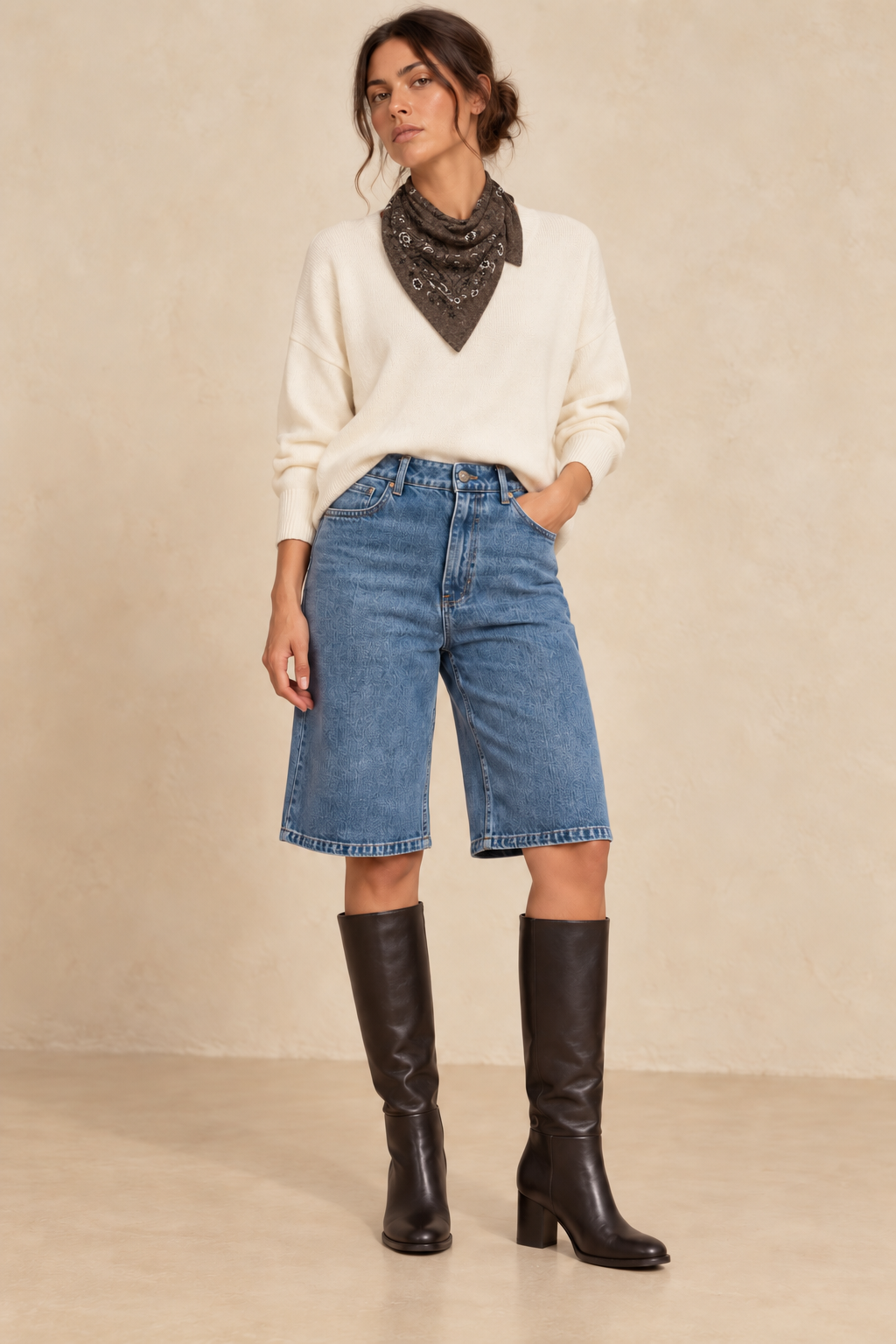 Bermuda bleu et bandana chocolat — look de face