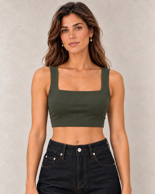 Crop top à encolure carrée kaki porté