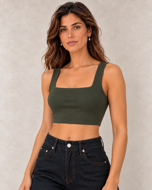Crop top à encolure carrée kaki porté