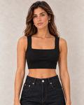 Crop top noir, coupe courte, face