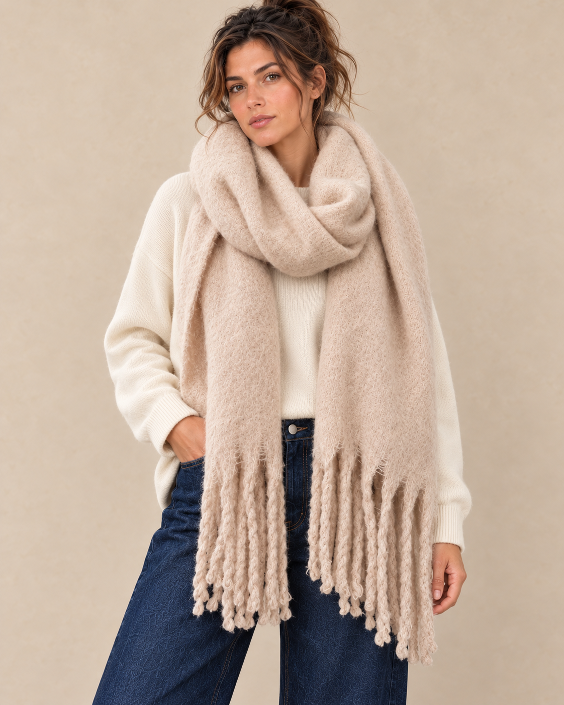 Écharpe beige à franges — gros plan