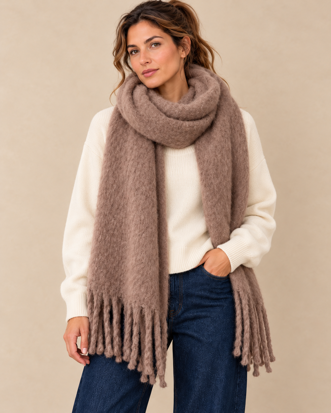 Écharpe taupe à franges — gros plan