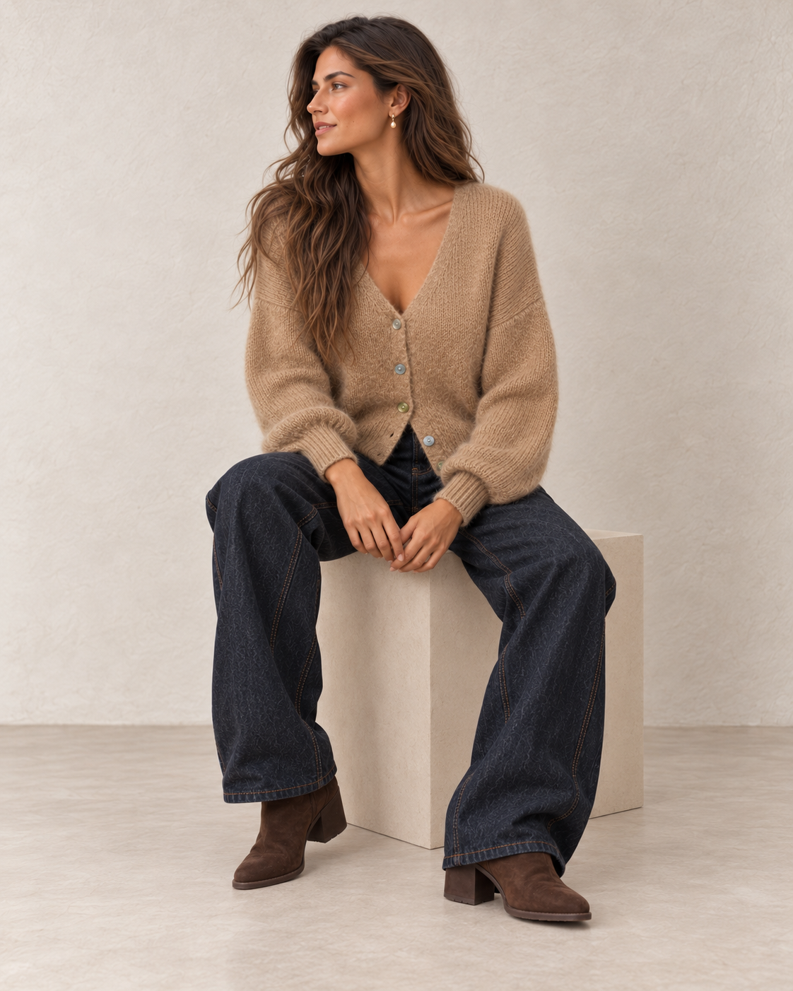 Gilet mohair camel boutonné, look assis avec un jean barrel brut