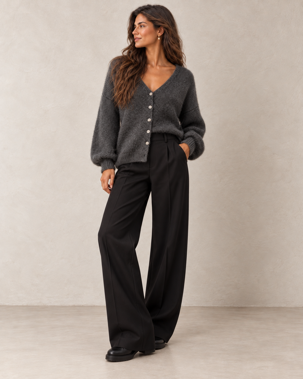 Gilet mohair gris foncé porté avec un pantalon large noir