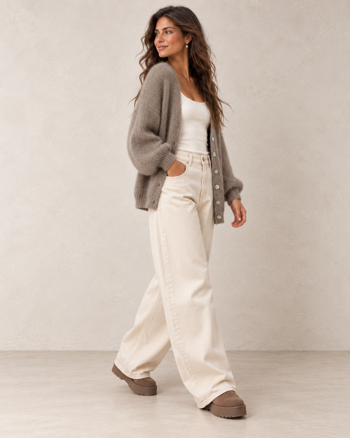 Gilet mohair taupe porté ouvert avec un jean barrel ivoire