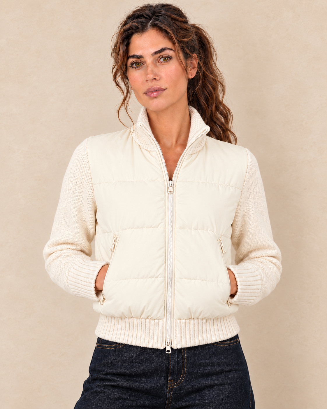 Veste bimatière matelassée — beige écru