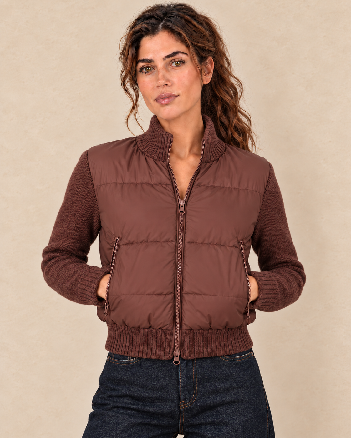 Veste bimatière marron portée avec le jean barrel bleu brut, vue de face