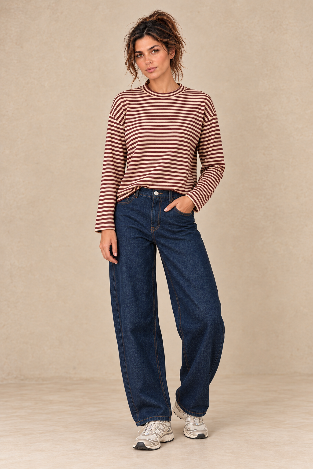 Marinière bordeaux et écru — look avec jean barrel