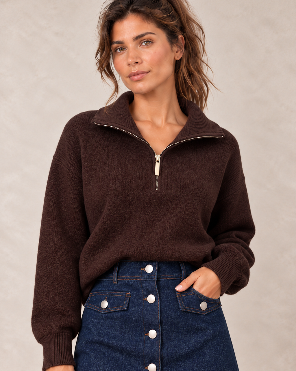 Pull camionneur marron — détail du col zippé