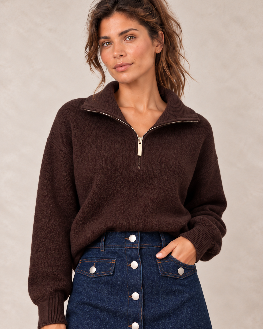 Pull camionneur marron — détail du col zippé