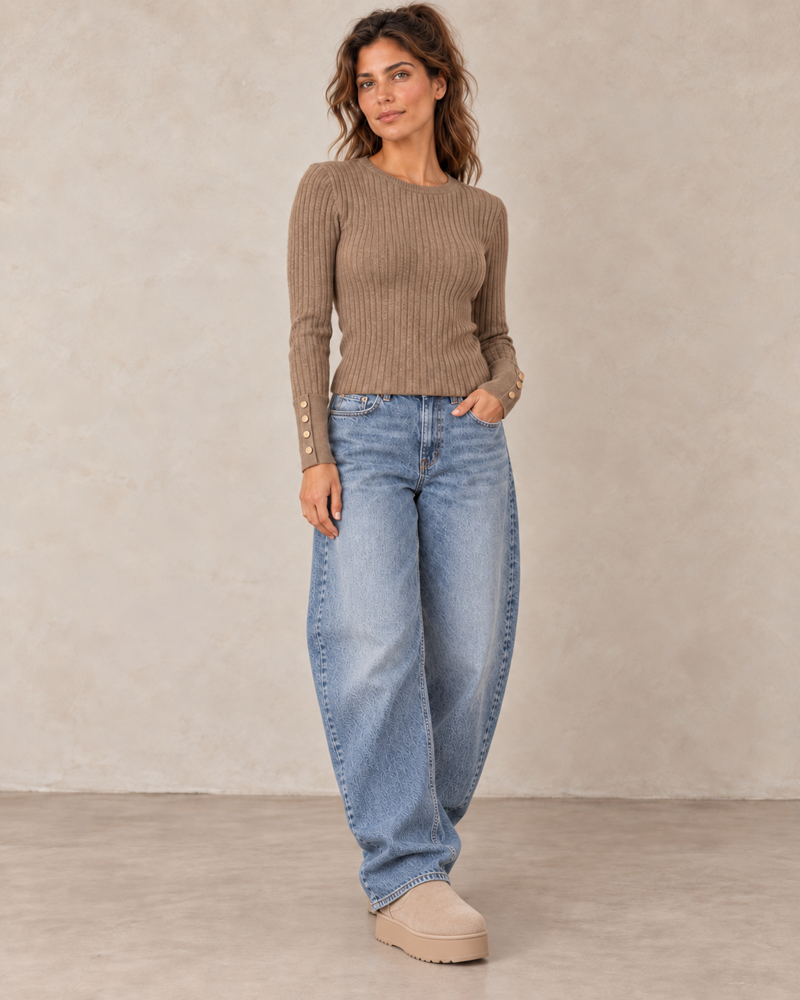 Pull côtelé taupe avec jean barrel long et bottines fourrées plateforme beige
