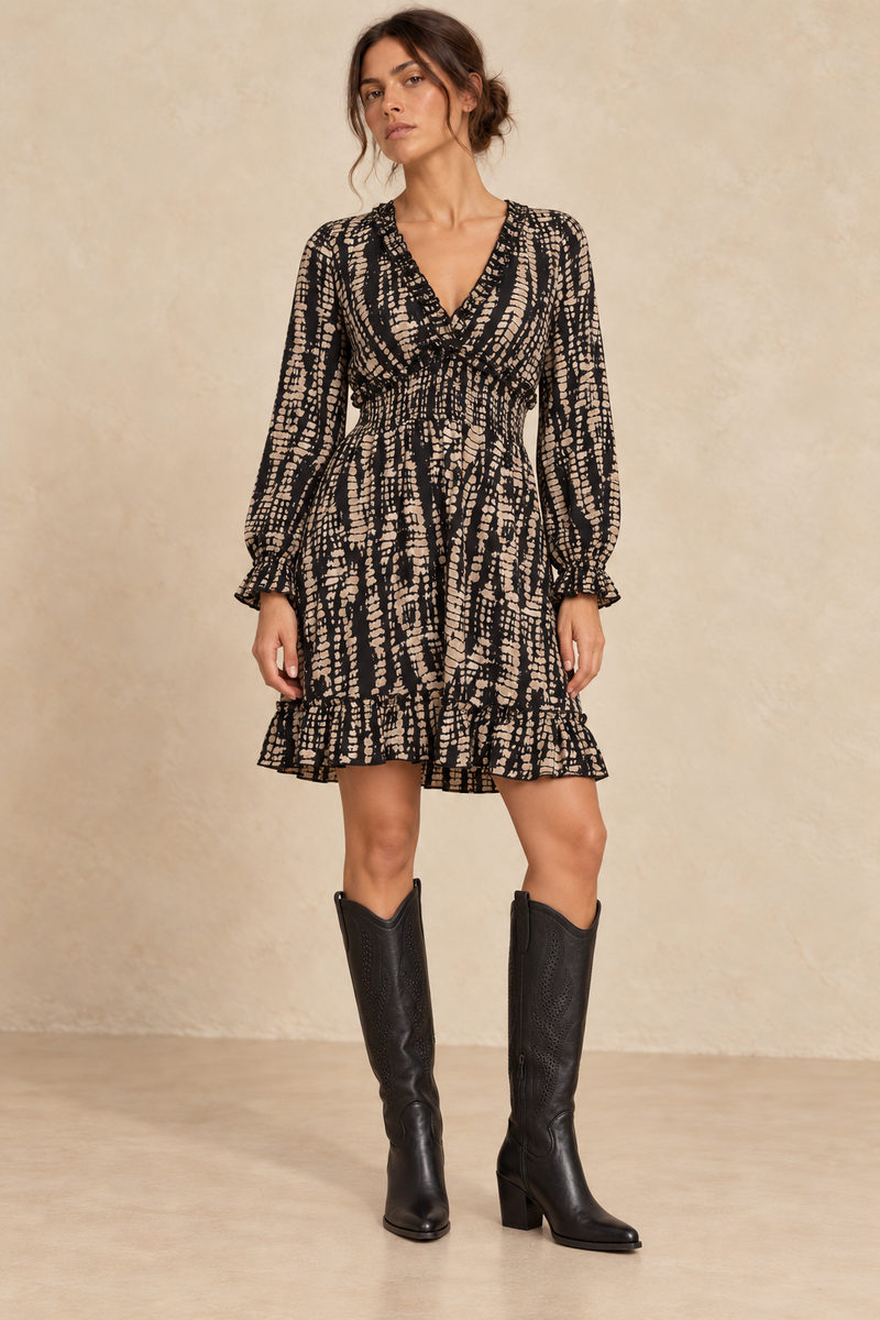 Robe courte imprimée — noir et beige