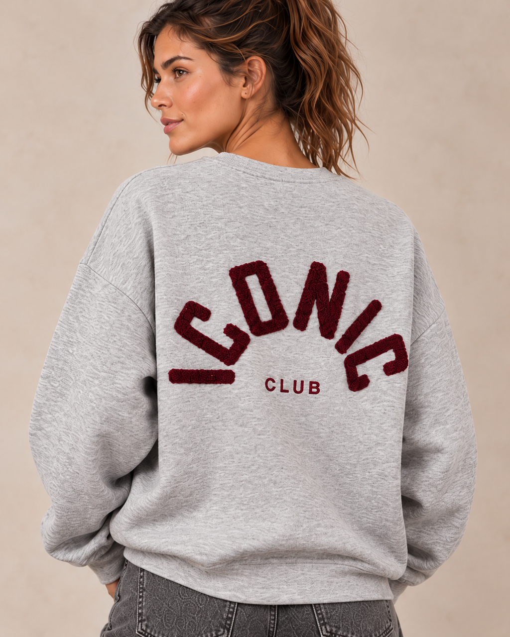 Sweat ICONIC gris chiné — close-up du motif au dos