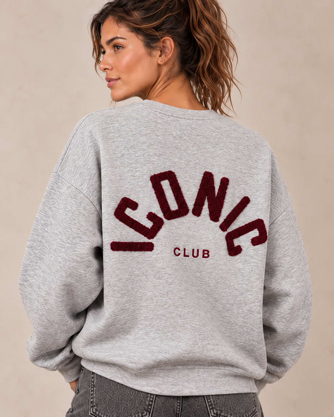 Sweat ICONIC gris chiné — close-up du motif au dos