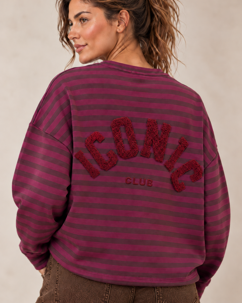 Sweat ICONIC rayé prune et chocolat — close-up du motif au dos