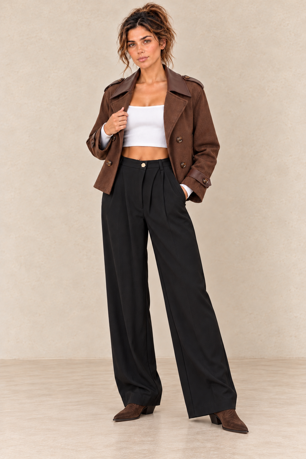 Trench court chocolat ouvert avec pantalon à pinces et santiags en daim assorties à petits talons