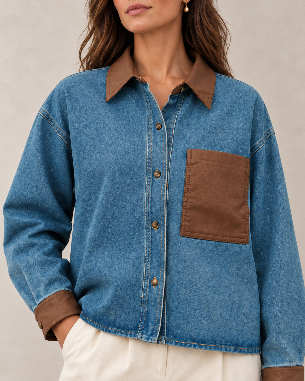 Détail du col, de la poche et des poignets chocolat de la veste en jean bimatière