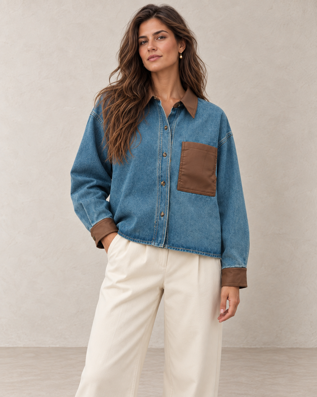 Veste en jean bimatière portée de face par le mannequin Le Coin Sauvage sur fond beige