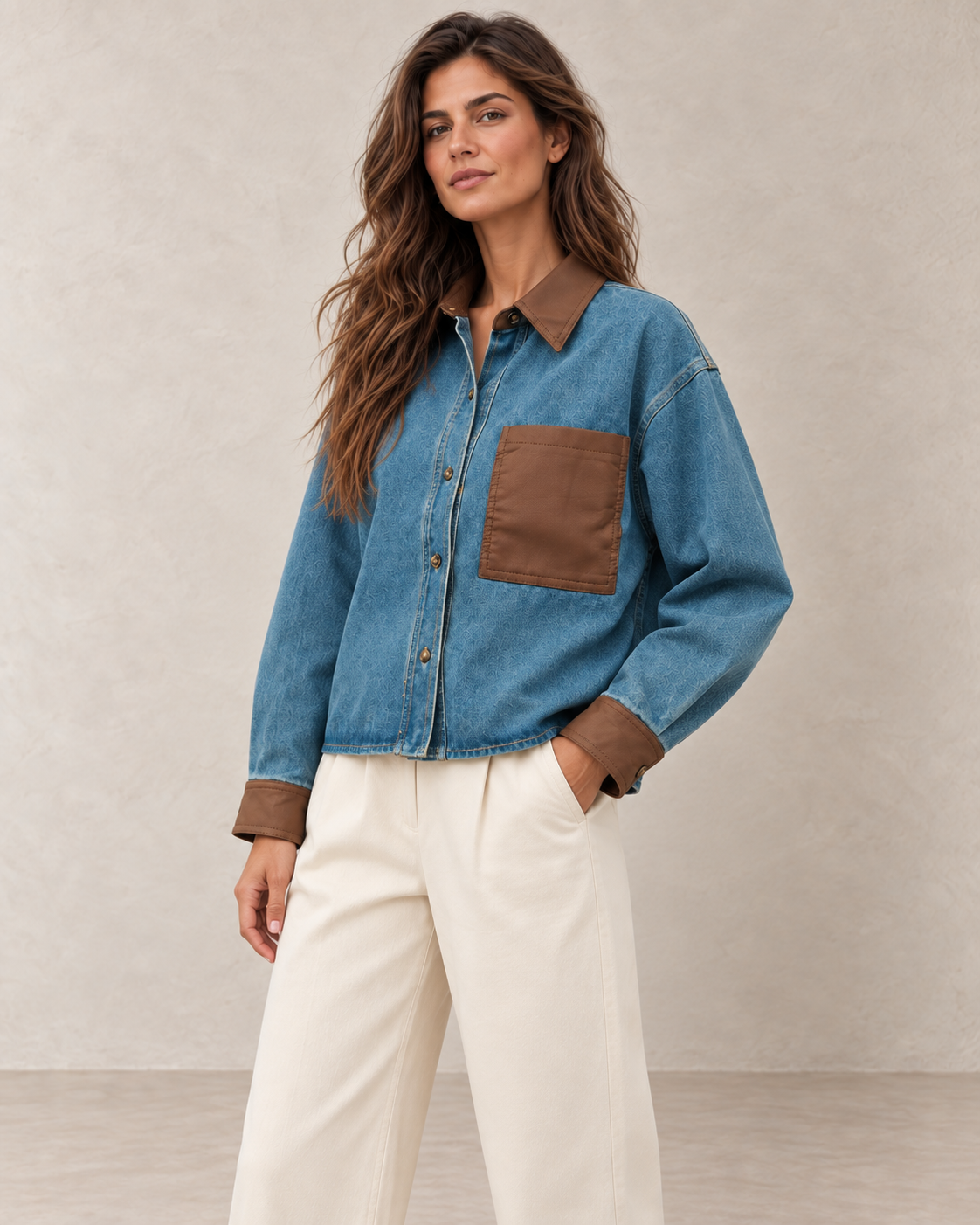 Veste en jean bimatière portée de trois quarts sur fond beige