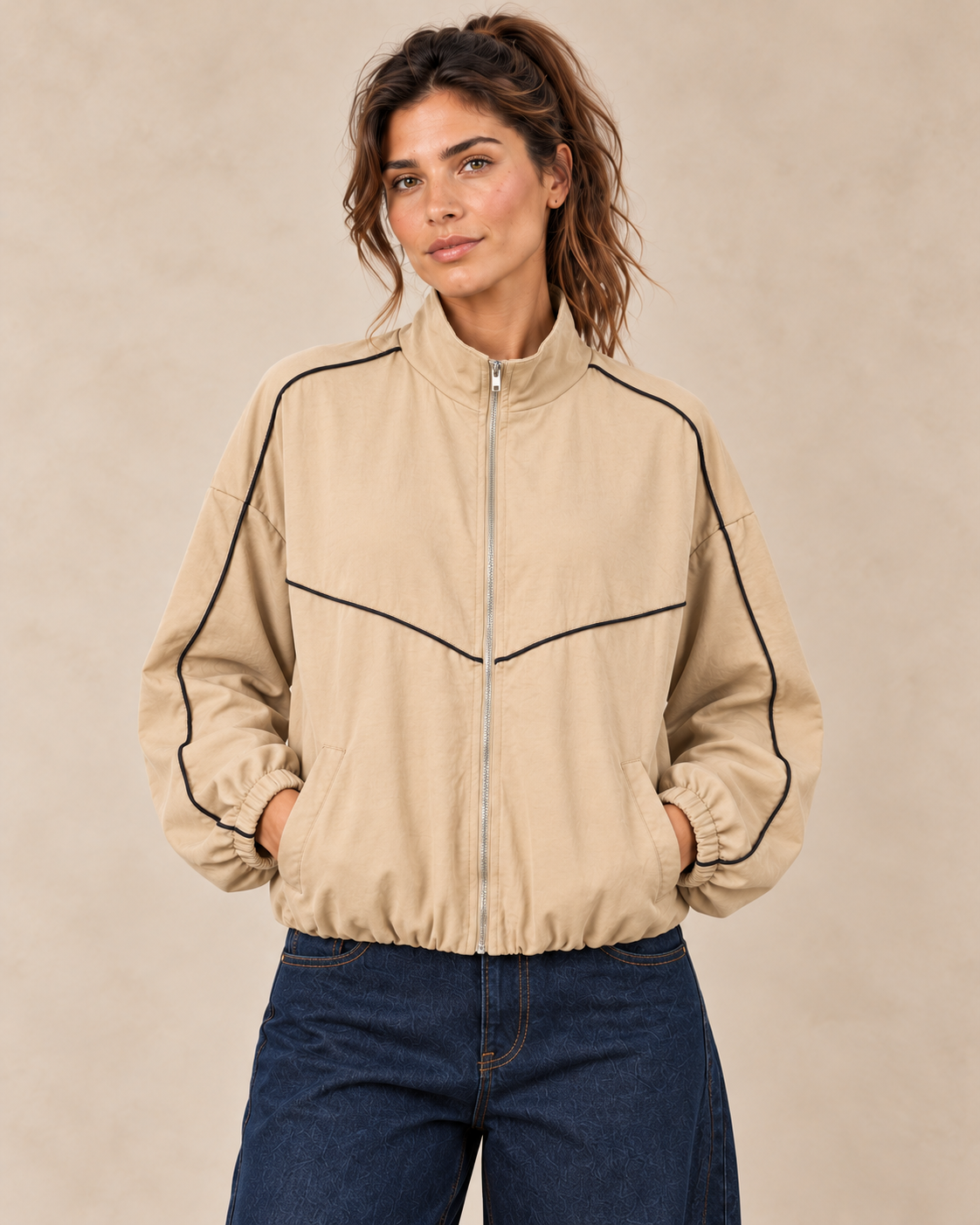 Veste beige à passepoils noirs, col montant et bas élastiqué — vue rapprochée