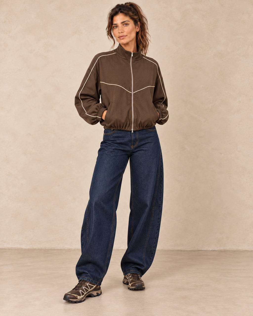 Veste chocolat à passepoils écrus — look avec jean barrel bleu brut et baskets marron