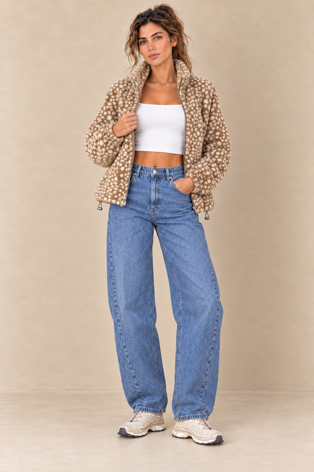 Veste polaire Bambi taupe et écru — ouverte